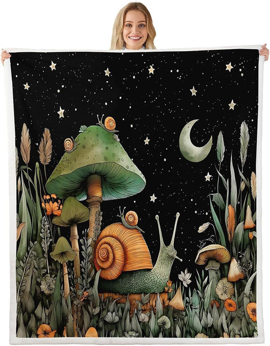 Manfei Mushroom Throw Blanket Snail Plant and Leaves Fleece Blanket Aesthetic Hippie Moon Ster Cozy Throws for Bed Couch Sofa,Kids Boys Girls Room Decor,Soft and Breathable(50 x 60 Inches)