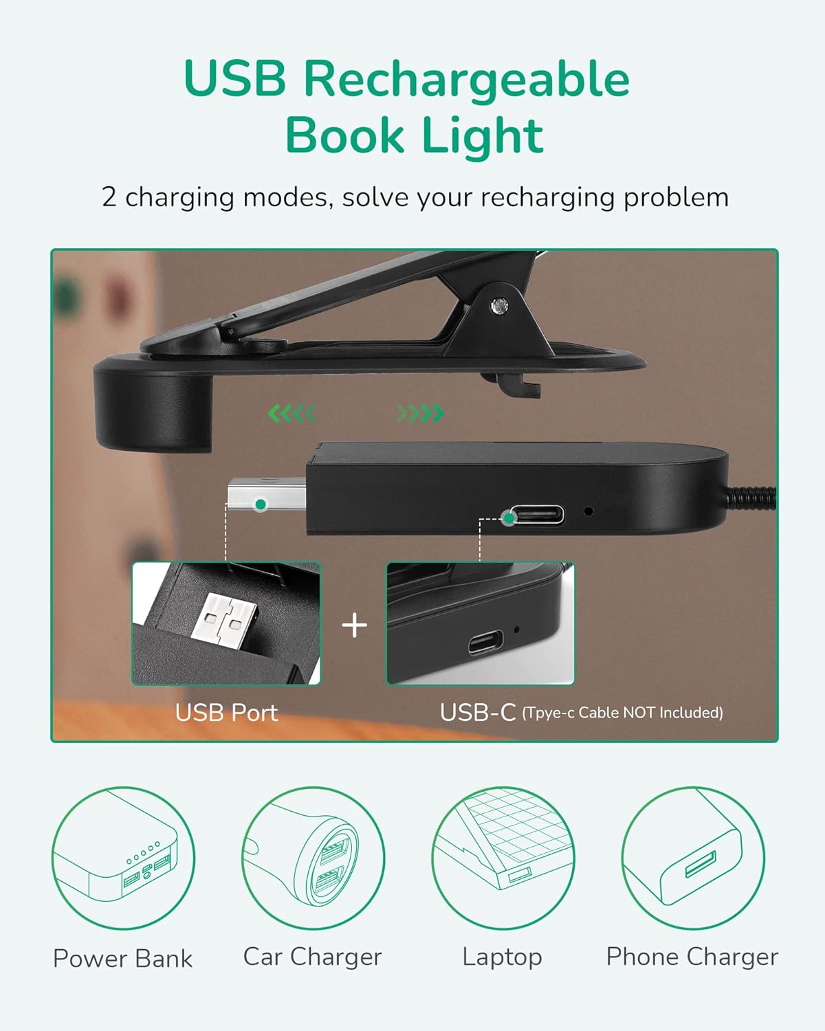 EDISHINE Book Light for Reading at Night in Bed, Portable Clip-on Lamp, 3 Color Modes & Stepless Dimmable, Eye Care LED USB Rechargeable Light for Readers, Kids, Bookworms, Travel (Black)