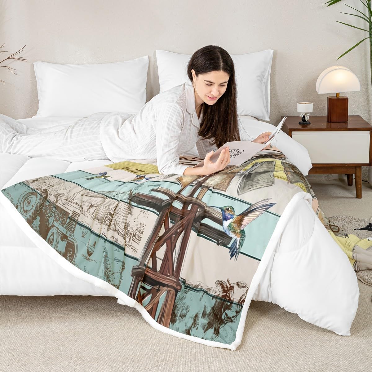 Windmill Sherpa Blanket Queen Size, Rustic Farmhouse Throw Blanket Hummingbird Rooster Cow Farm Animal Fleece Blanket Wooden Board Vintage Country Western Plush Bed Blanket Windmill Bedroom Decor