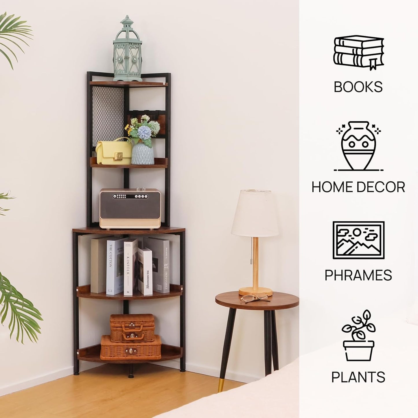 5-Tier Corner Shelf Stand – Multi-Functional Storage Unit with Metal Frame (Living Room/Home Office/Bedroom)