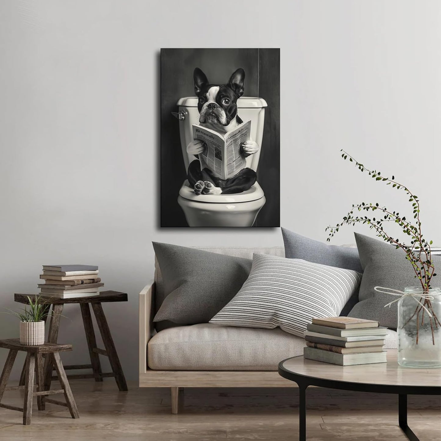 Boston Terrier Sitting on Toilet Reading Newspaper Funny Animal Dog Print Poster Picture HD Print Poster Retro Painted Modern Home Bedroom Room Aesthetic Decoration Canvas Art (20x30inch Framed)