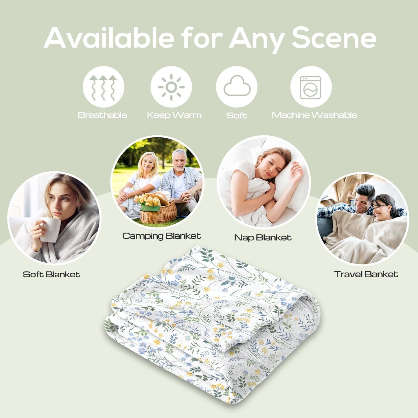 Spring Floral Throw Blanket Country Blue and Yellow Flower with Green Leaf Plant Pattern Soft Cozy Flannel Fleece Blankets for Couch Sofa Bed Chair Ideal Gifts for Women Mom Wife, 50" x 60"