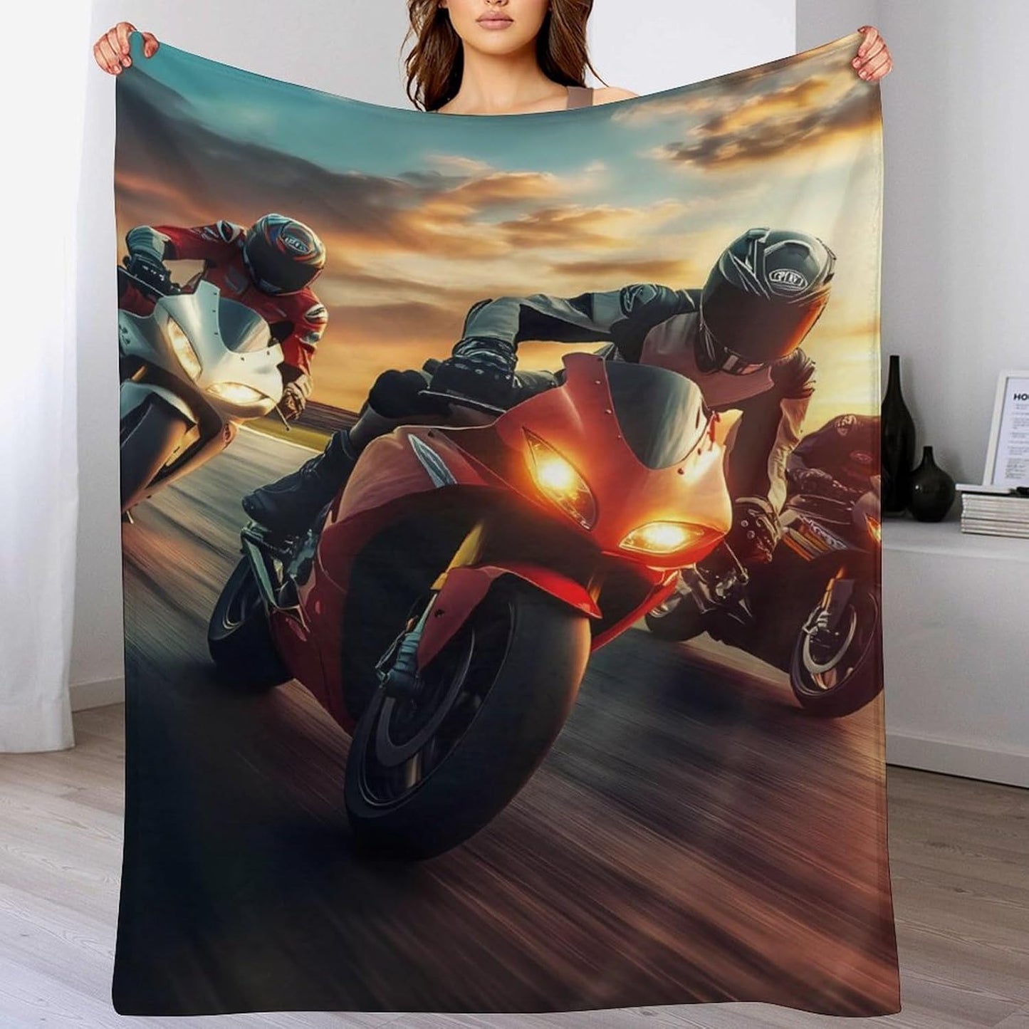 Motorbike Motorcycle Racing Throw Blanket for Couch Bed Plush Cozy Fuzzy Flannel Blanket for All Season 50"x70"
