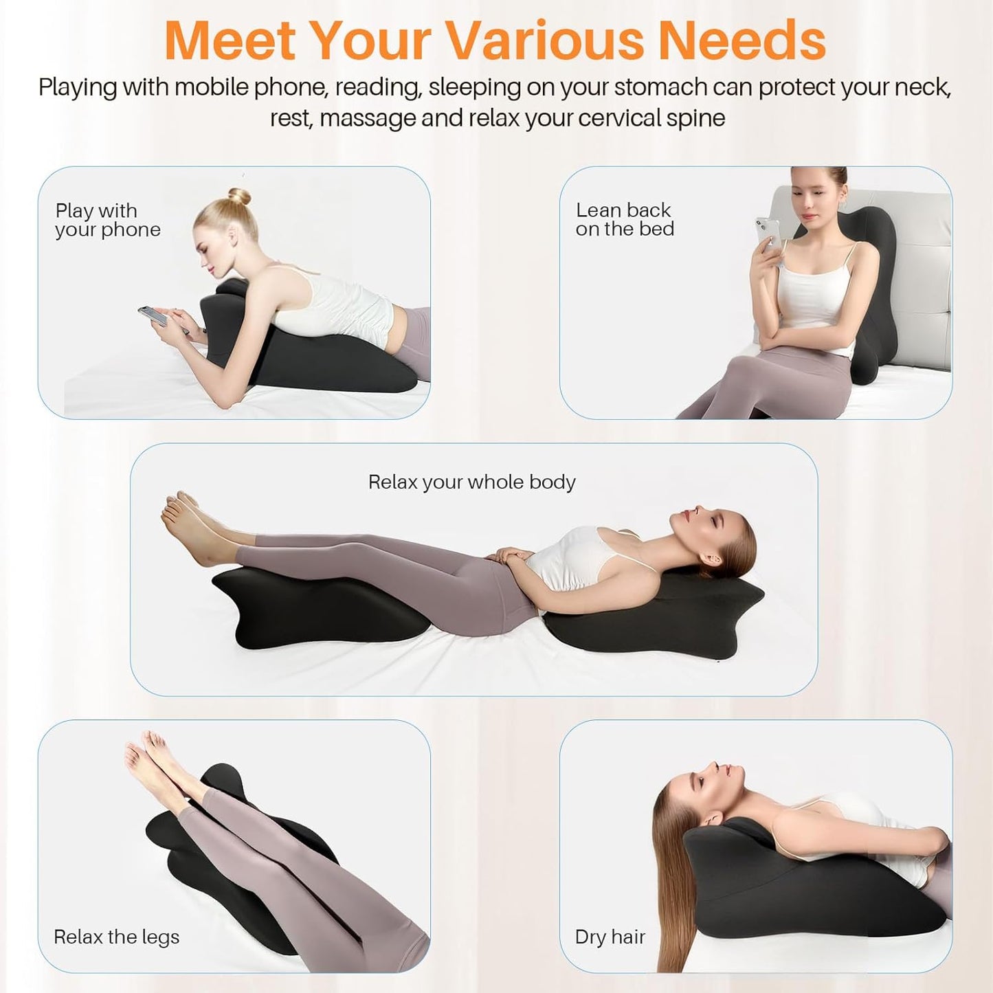 ele ELEOPTION Memory Foam Ergonomic Wedge Pillow Prone Reading Pillow for Bed Sofa Stomach Back and Neck Support Sitting Up with Removable Cover Leg Elevation for Sleeping and Relaxing Black