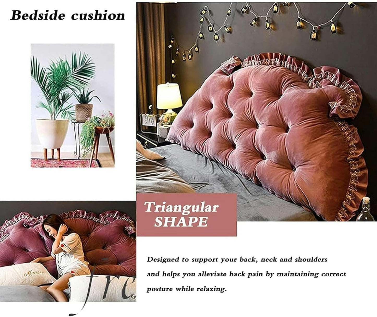 Wedge Body Positioners Pillow, Upholstered Headboard Pillow Triangular Large Pillow Headboard Bedside Cushion Reading Cushion Bed Rest Pillows(Light Pink,150cm)