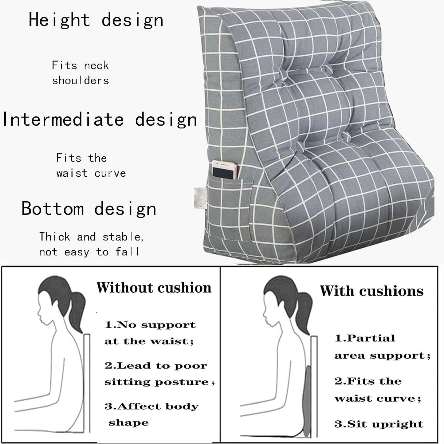 Reading Pillow Premium Canvas Fabric Lumbar Support Cushion for Bedroom Living Room Washable 4 Color 8 Size Optional (Color : B Size : 45cmx30cmx55cm) (H 45cmx30cmx55cm)
