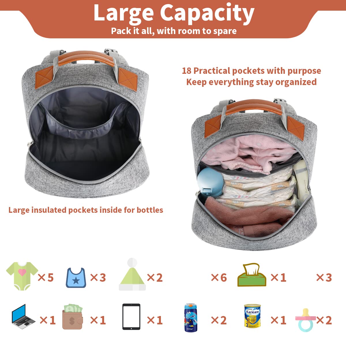 Diaper Bag Backpack, Large Baby Nappy Bags with Portable Changing Pad for Boys and GirlsMultifunction Travel Baby Bag for Moms Dads, Shower Gifts Waterproof and Stylish，Grey