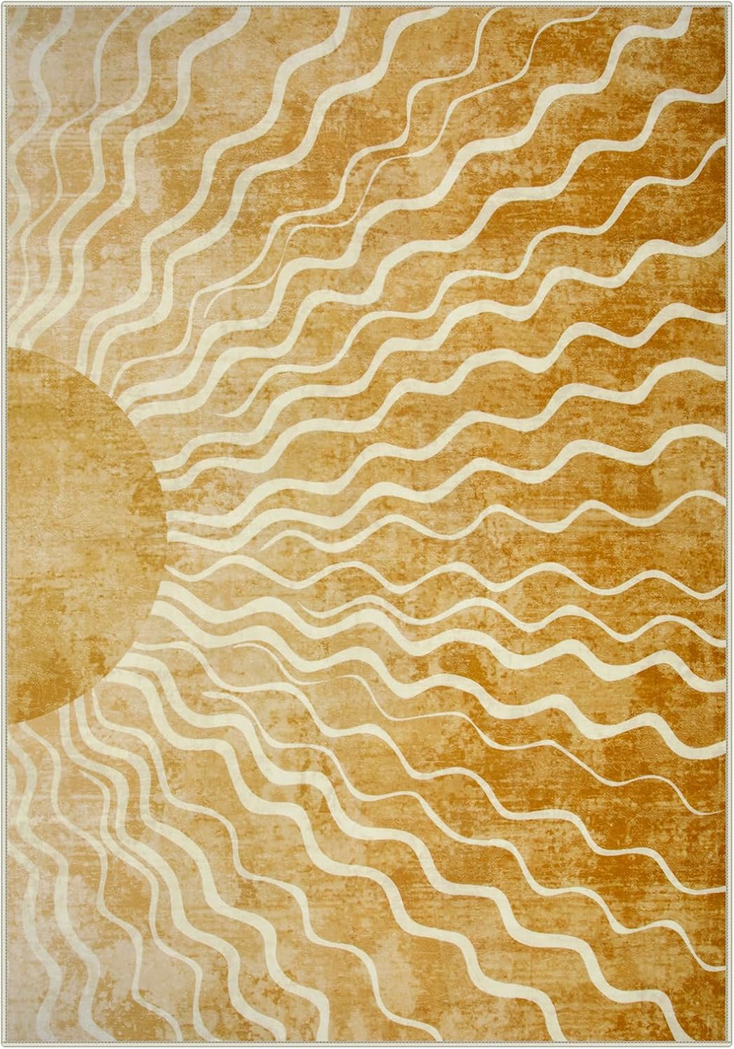 Wonnitar Sun Print Washable Area Rugs, 6x9 Rug for Kids Room Living Room, Gradient Yellow Soft Non Slip Sunshine Boho Ultra-Thin Carpet for Bedroom Classroom Playroom Nursery