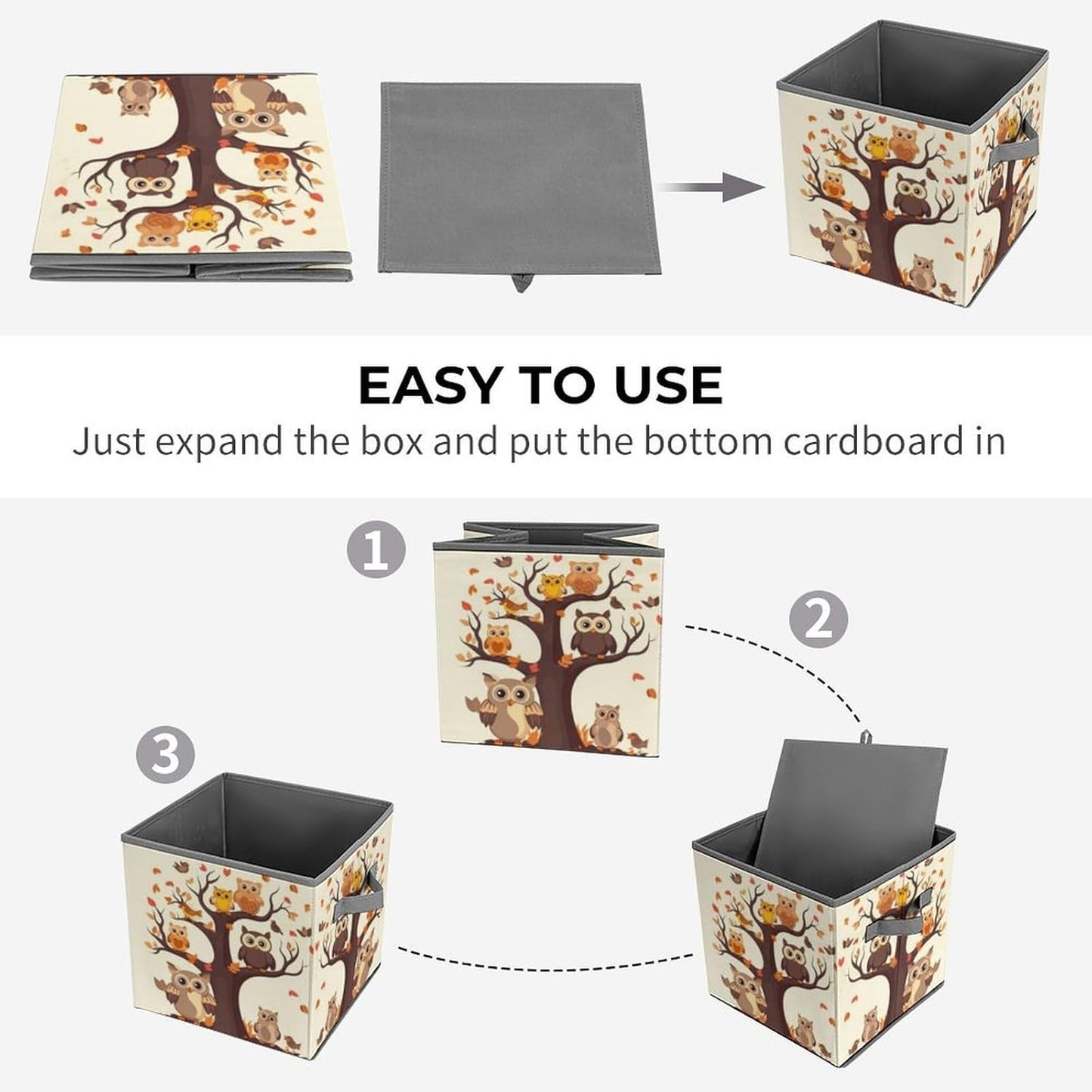 Cartoon Family Owls On The Brown Tree Storage Bins with Handles Fashion Large Storage Cubes Sturdy Foldable Storage Boxes Space-Saving Storage Baskets for Home Office Clothes Closet Organizers