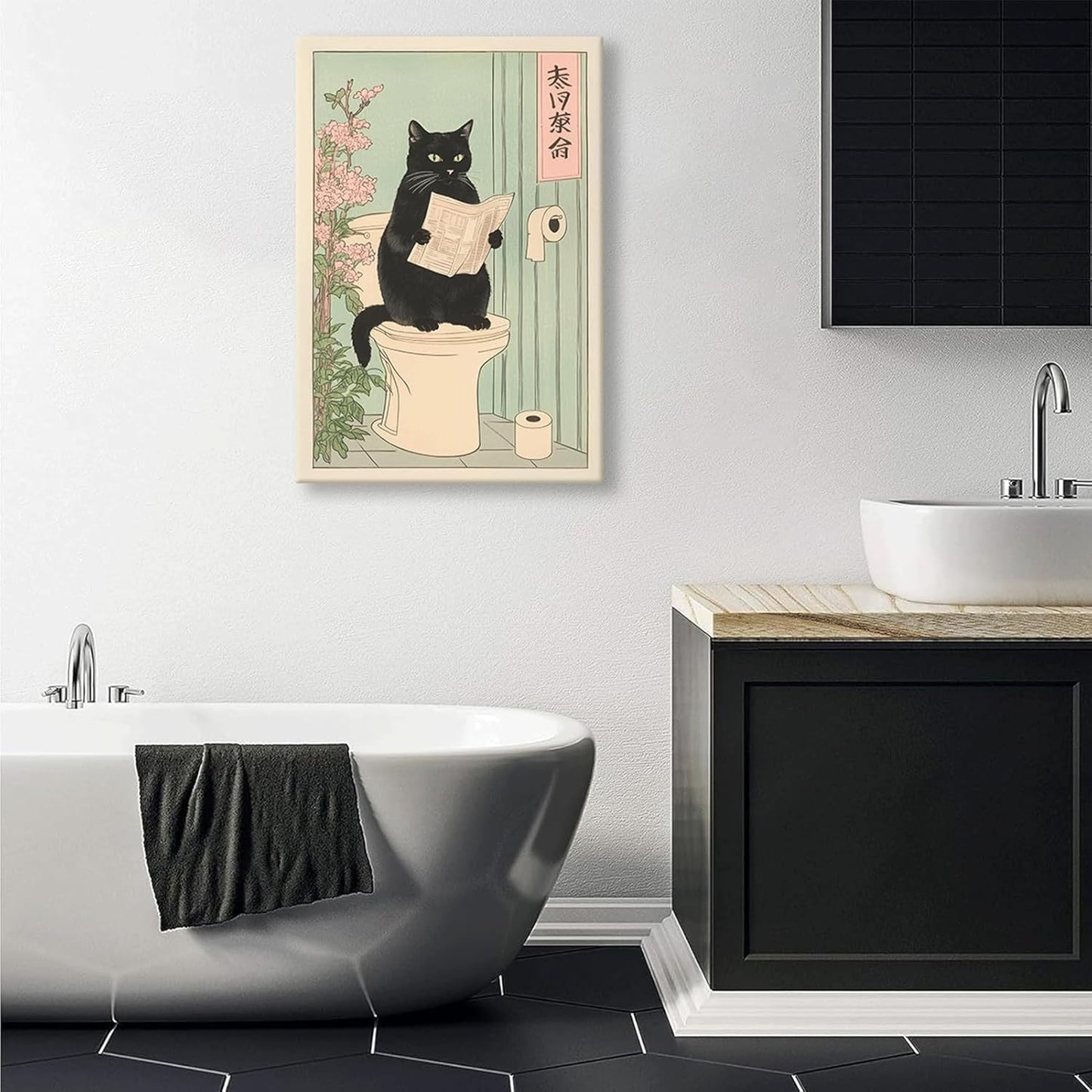 COYIKC Japanese black cat on toilet Canvas Wall Art Funny bathroom print Toilet poster Japanese Cat Wall Decor Pictures Aesthetic Minimalism Artwork Neutral Painting Home Decoration,12x16in