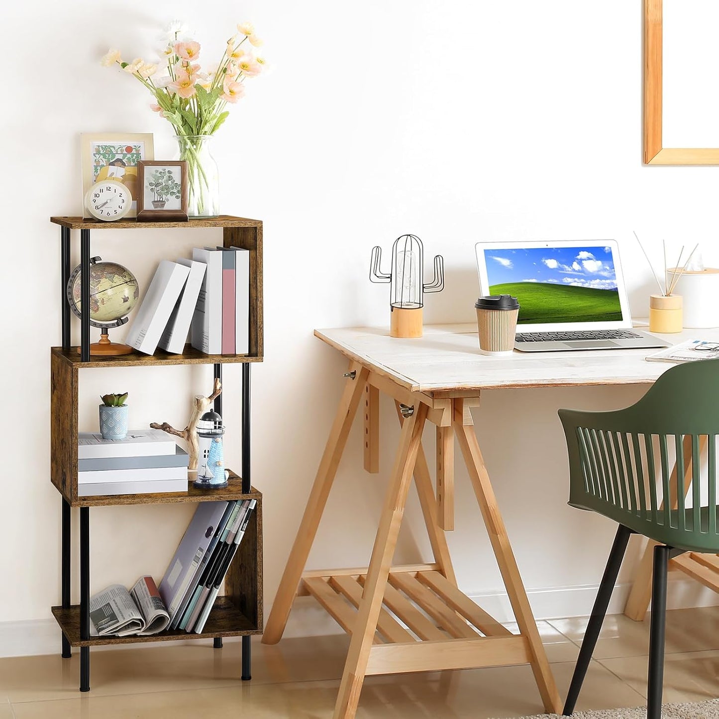 ETELI 4 Tier Bookshelf S-Shaped Small Bookcase Modern Freestanding Multifunctional Wooden Book Shelves for Farmhouse, Living Room, Bedroom, and Home Office