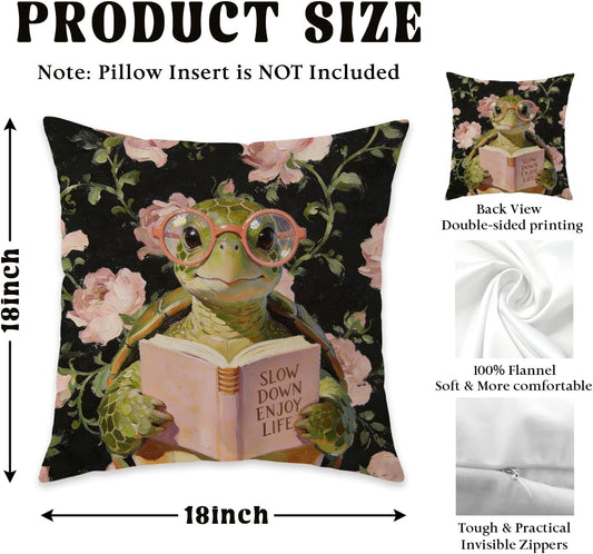 Pink Rose Inspirational Turtle Reading Pillow Cover 18x18, Gifts for Turtle Lovers, Book Lover Reader Gifts Decorative Throw Pillow Cover for Reading Nook Corner Room Library Home
