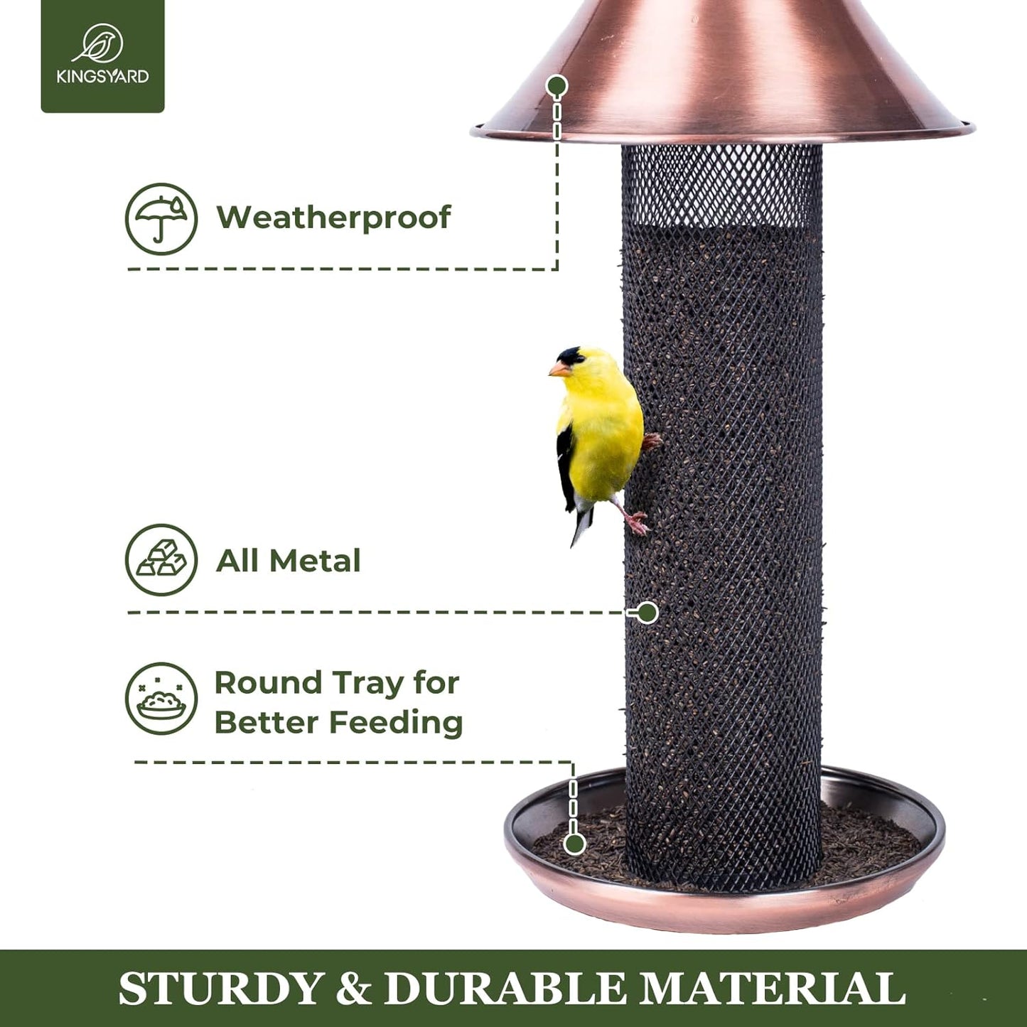 Kingsyard Thistle Bird Feeder for Outdoors Hanging, All Metal, Finch Mesh Tube Feeder with Weatherproof Roof & Seed Tray, 3 lbs Seed Capacity, Great for Attracting Wild Bird, Brushed Copper