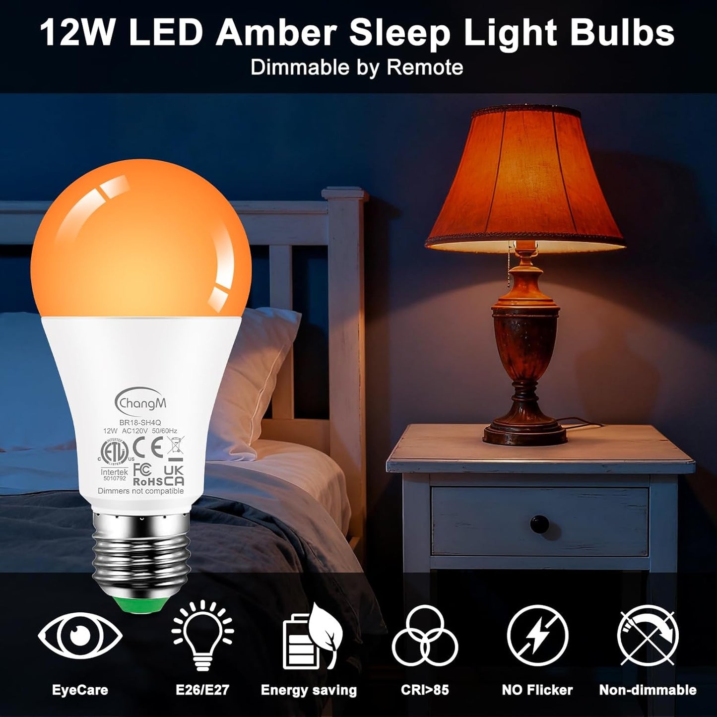 Amber Sleep Light Bulbs 1800K with Remote Control, E26 Blue Light Blocking A19, 12W LED Color Changing Bulb for Sleep Therapy, Baby Nursery, Reading Light