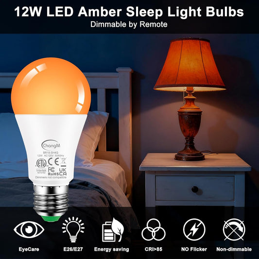 Amber Sleep Light Bulbs 1800K with Remote Control, E26 Blue Light Blocking A19, 12W LED Color Changing Bulb for Sleep Therapy, Baby Nursery, Reading Light