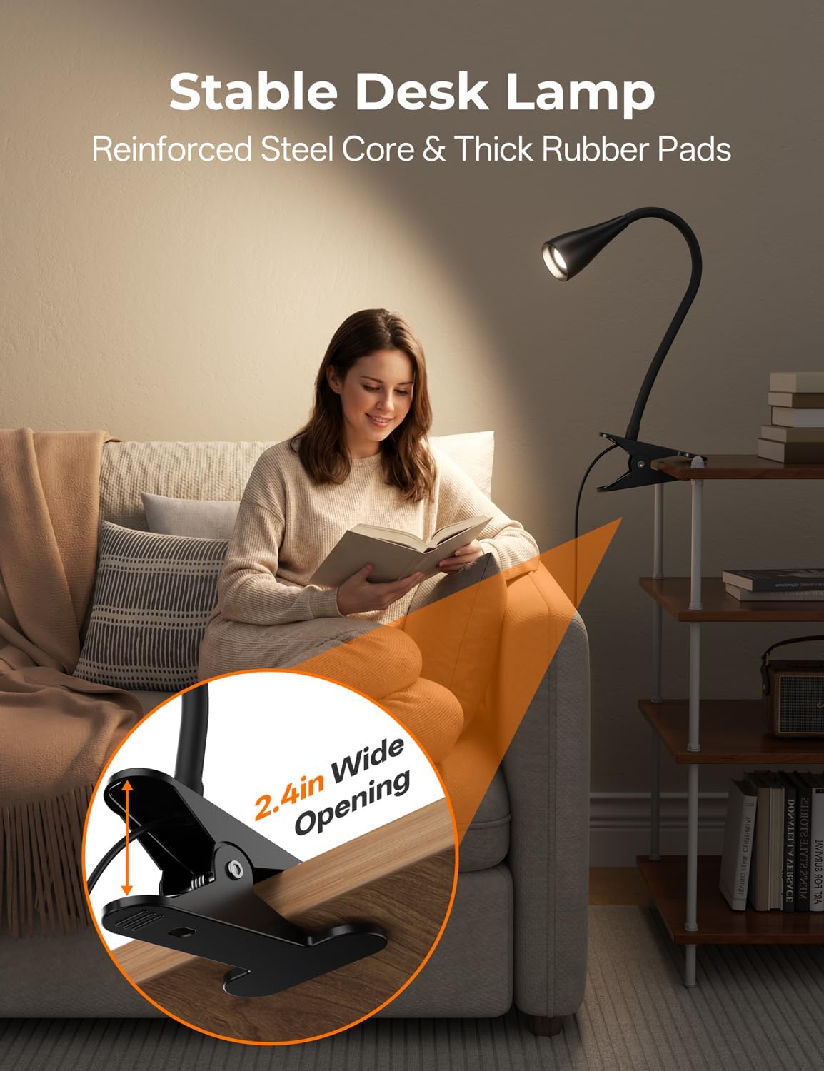 Clip on Light, Desk Lamp with Clamp and Adapter, LED Eye Caring Reading Light for Bed with 3 Colors & 10 Brightness Levels, Clamp Light with Flexible Gooseneck for Bedroom, Office, Dorm
