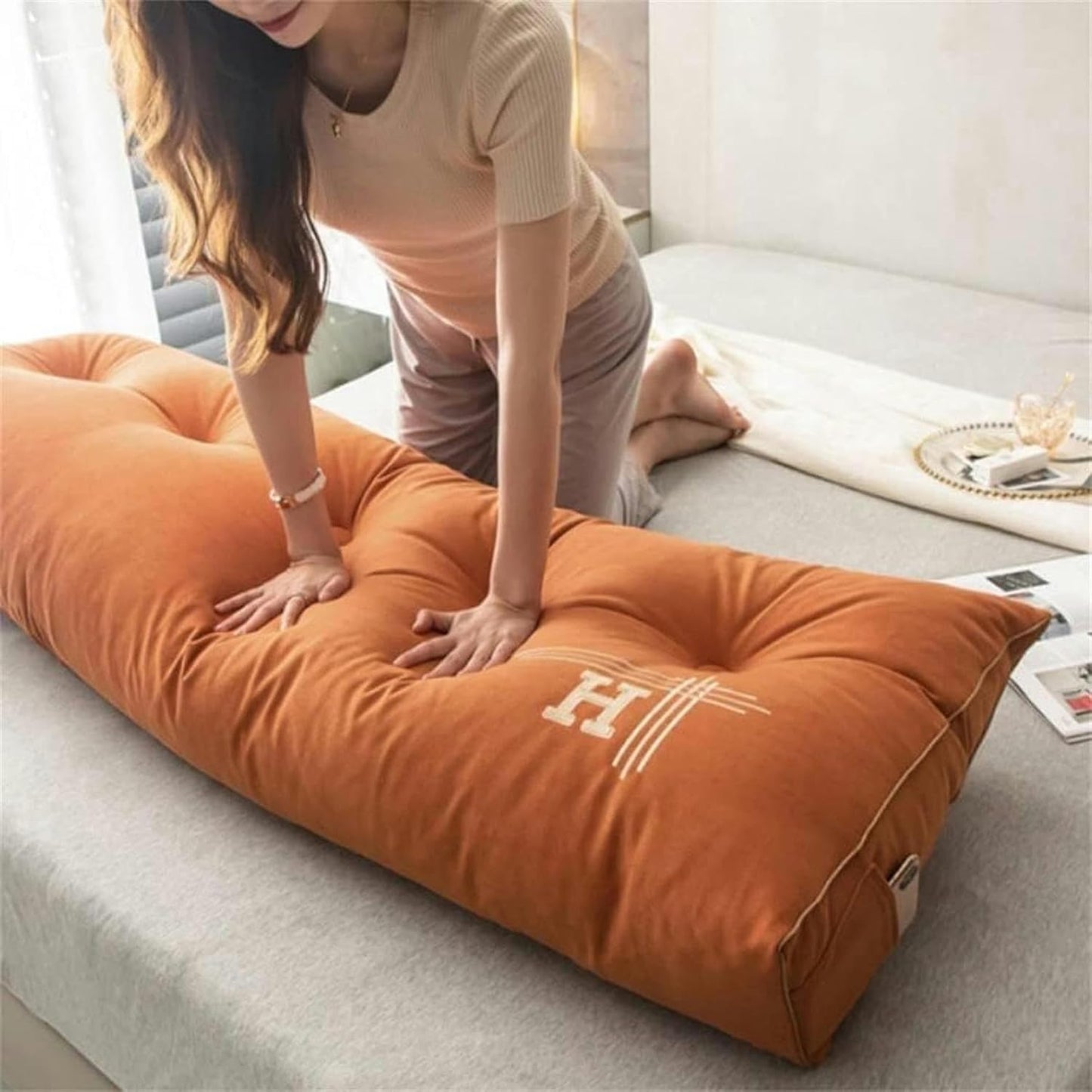 Headboard Cushion, Large Back Cushion Double Tatami Pillow Solid Color Reading Wedge Pillow Sofa Bed Upholstered Cushions Bed Rest Pillows(Orange,100 * 50 * 20cm)