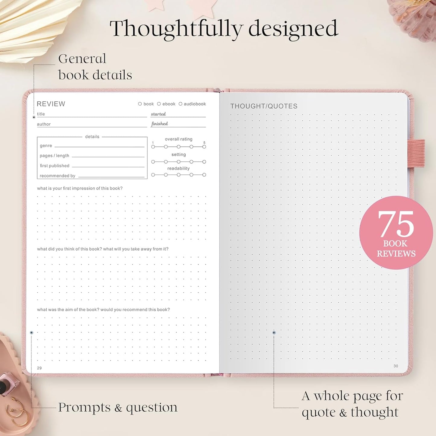 Reading Journal with 75 Book Review, Book Journal for Book Lovers, Readers - Review Prompts & Daily and Monthly Reading Tracking & Reading Challenge, Reading Notebook Gift, A5, Pink