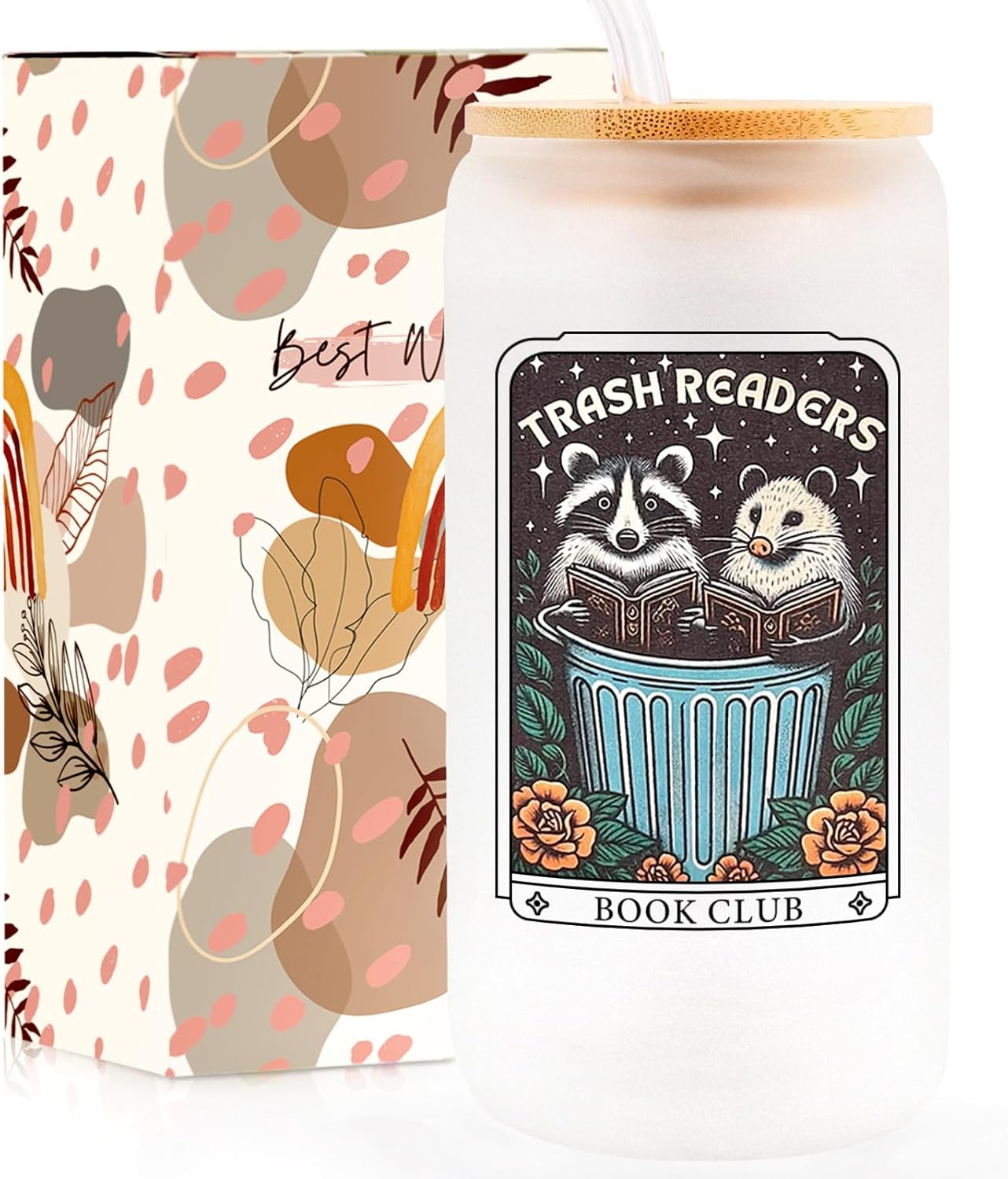 16 Oz Book Club Glass Cup，Cool Book Lovers Gifts, Bookish Gifts for Women, Readers, Best Friends Cute Iced Coffee Tumbler with Lids and Straws