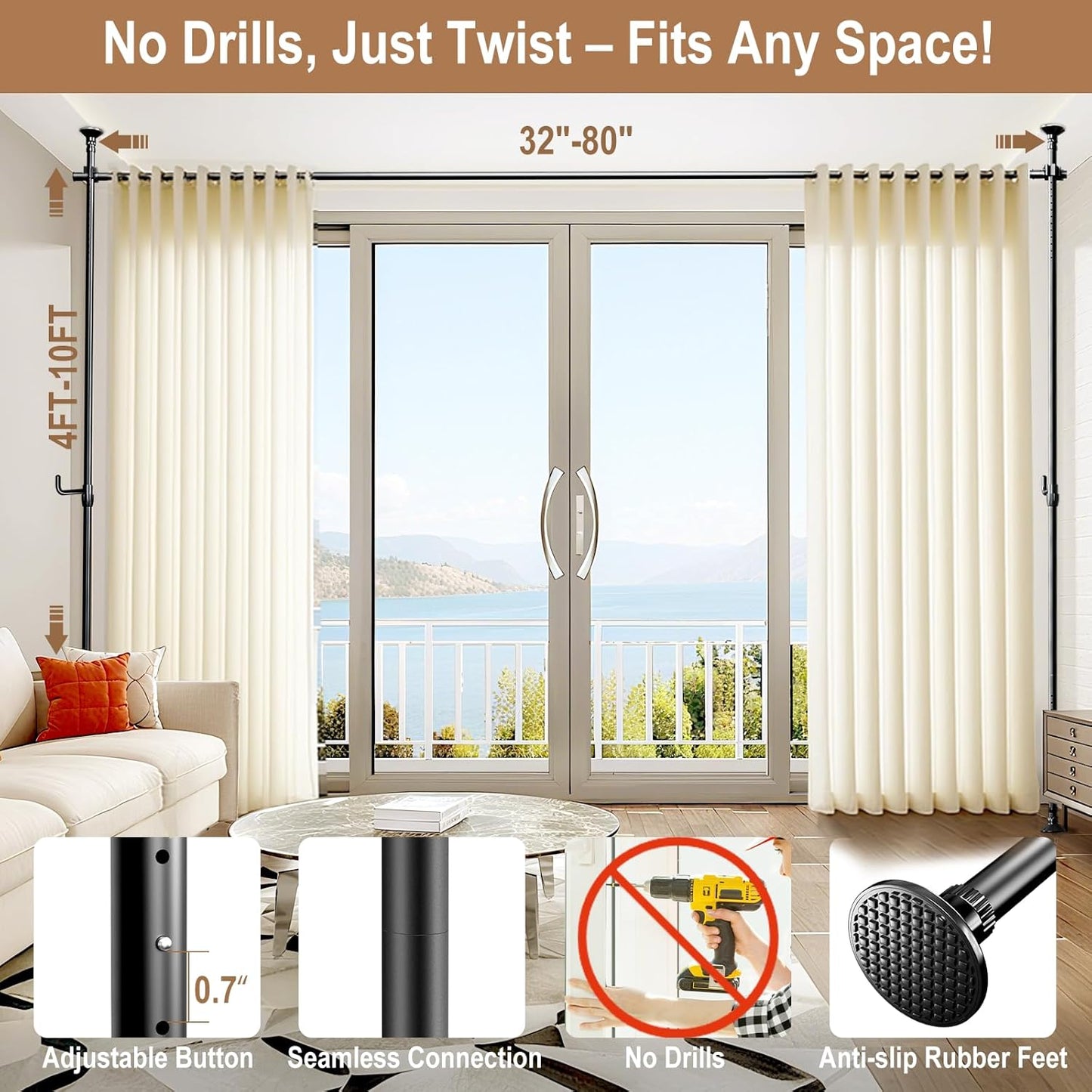 Seamless Room Divider Curtain Rod - No Drilling Space Partition Adjustable Privacy Separator, 4-10ft(H) 28-161inch(W) Adjustable, Heavy Duty Freestanding Tension Curtain Stand, White