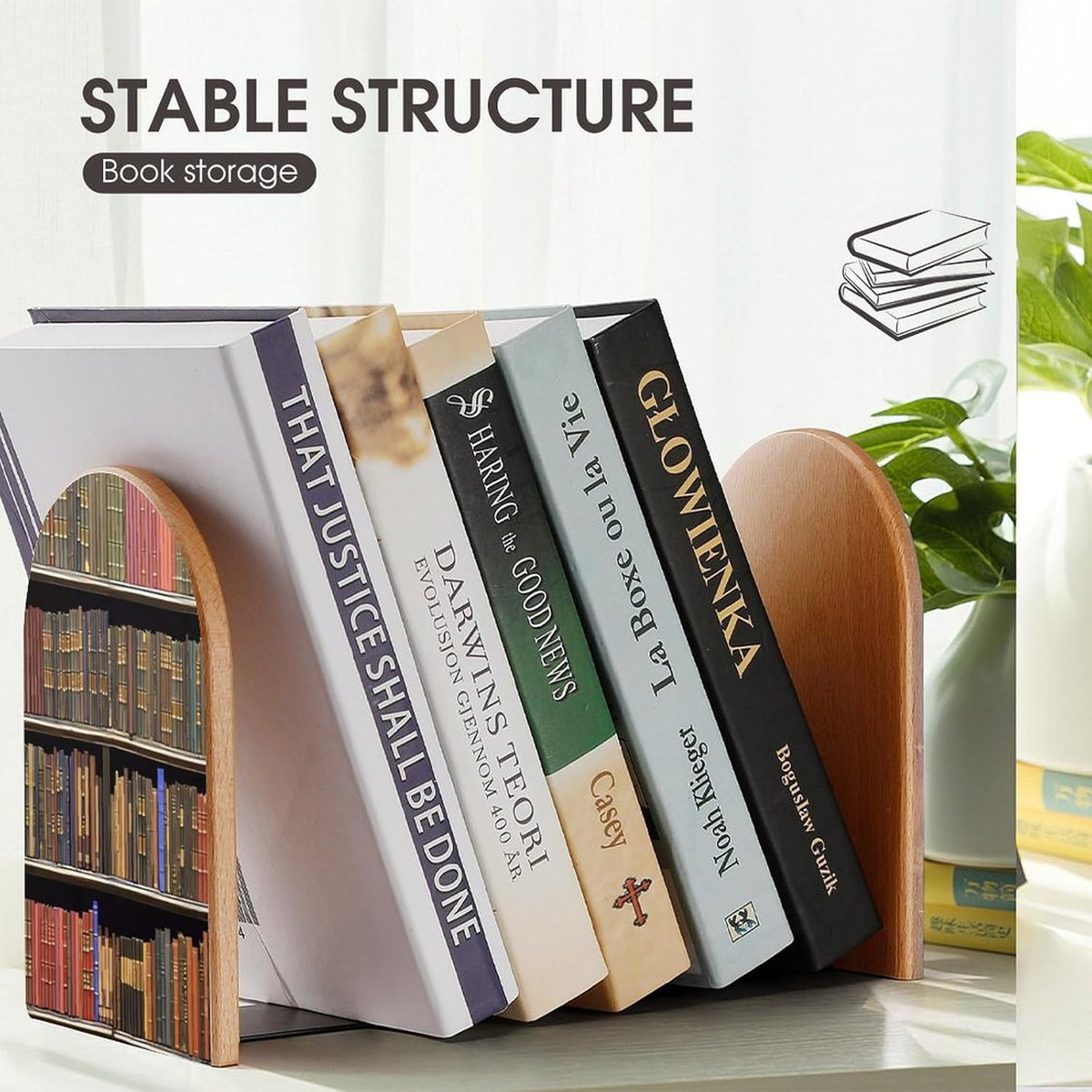 Library Bookshelf Wooden Bookend Non-Slip Book Ends Heavy Duty Book Stopper with Metal Base Books Holderd Decorative Bookends Stands Firmly for Office Supplies