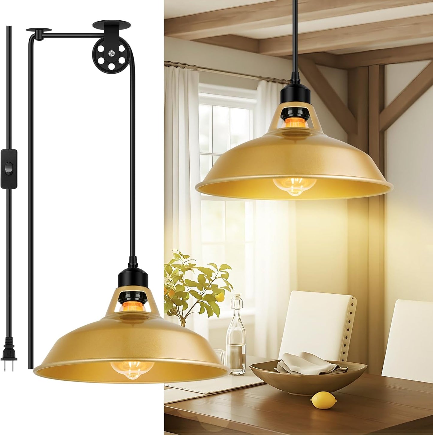 Plug in Pendant Light, Vintage Hanging Lamps with Gold Barn Shade Pendant Lighting with 14.76ft Cord On/Off Switch, Adjustable Pulley Hanging Lights for Kitchen, Bedroom, Living Room (1 Pack)