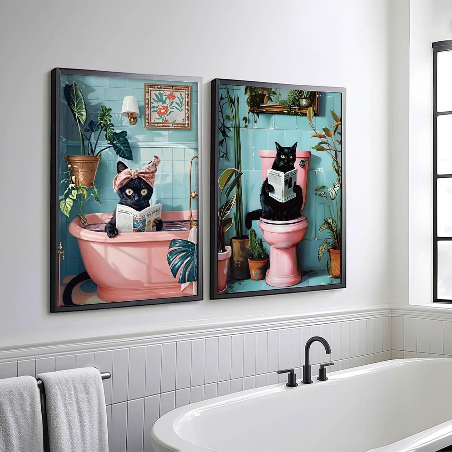 2 Pcs Cute Black Cat Bathroom Wall Art Funny Cat Reading Newspaper Paintings Pictures Wall Decor Pink Animal Plant Posters Prints for Bathroom Toilet Decorations Unframed 16x24 Inch