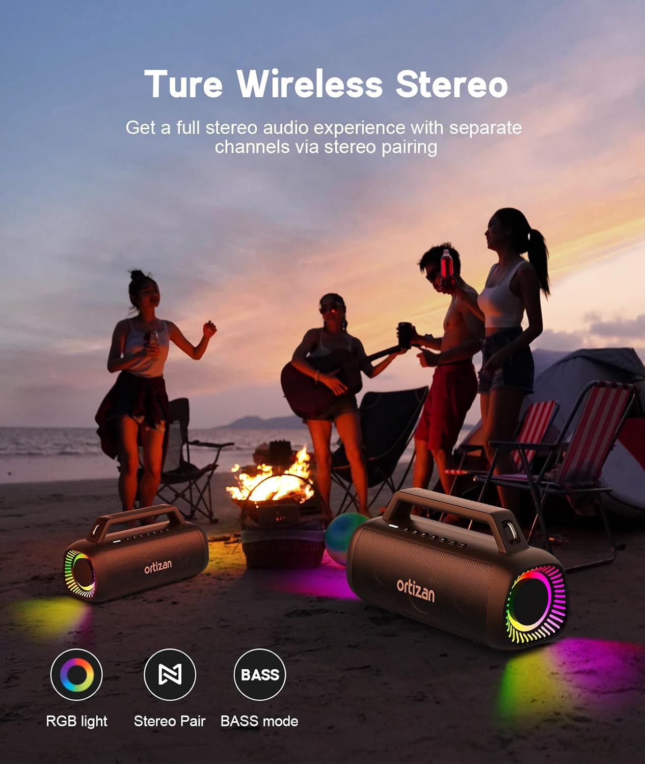Ortizan 80W Speakers Bluetooth Wireless Loud with Bass, 24H Playtime, IPX7 Waterproof, Bluetooth 5.3, TWS Pairing, Large Outdoor Speaker with Lights, Portable for Garage, Camping and Beach - Black