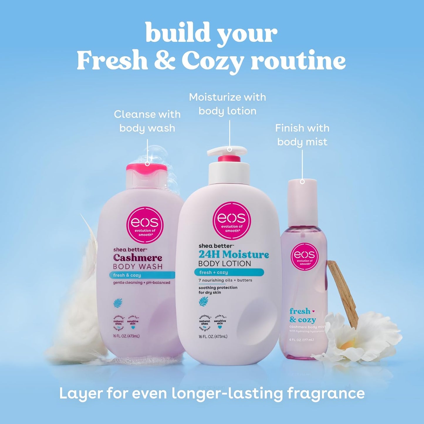 eos Cashmere Body Wash – Fresh & Cozy, Moisturizing Body Wash, Creamy Gel Formula, with Shea Butter, Glycerin, Vitamin E, pH Balanced, Sensitive Skin, Vegan, 16 fl oz