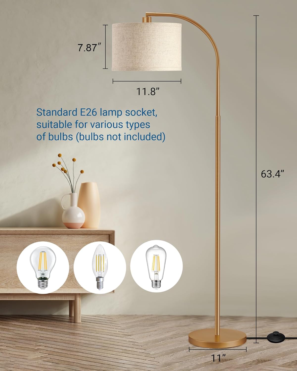DEWENWILS Gold Arched Floor Lamps for Living Room, Boho Standing Arc Lamp with Adjustable Lampshade, Mid Century Modern Reading Light with Foot Switch for Bedroom, Home Office, Nursery