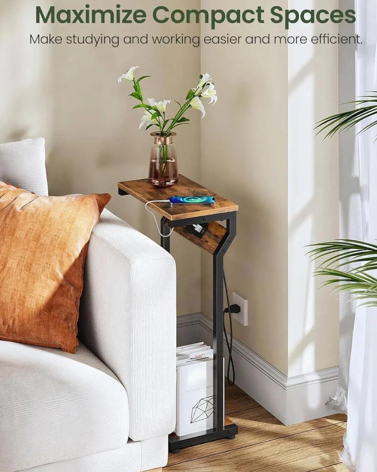 Narrow Side Table with Charging Station, 27" Skinny End Table for Small Spaces, Couch Table with Storage, Slim Tray Table with USB Ports, for Living Room, Bedroom, Rustic Brown TBZ27UBF