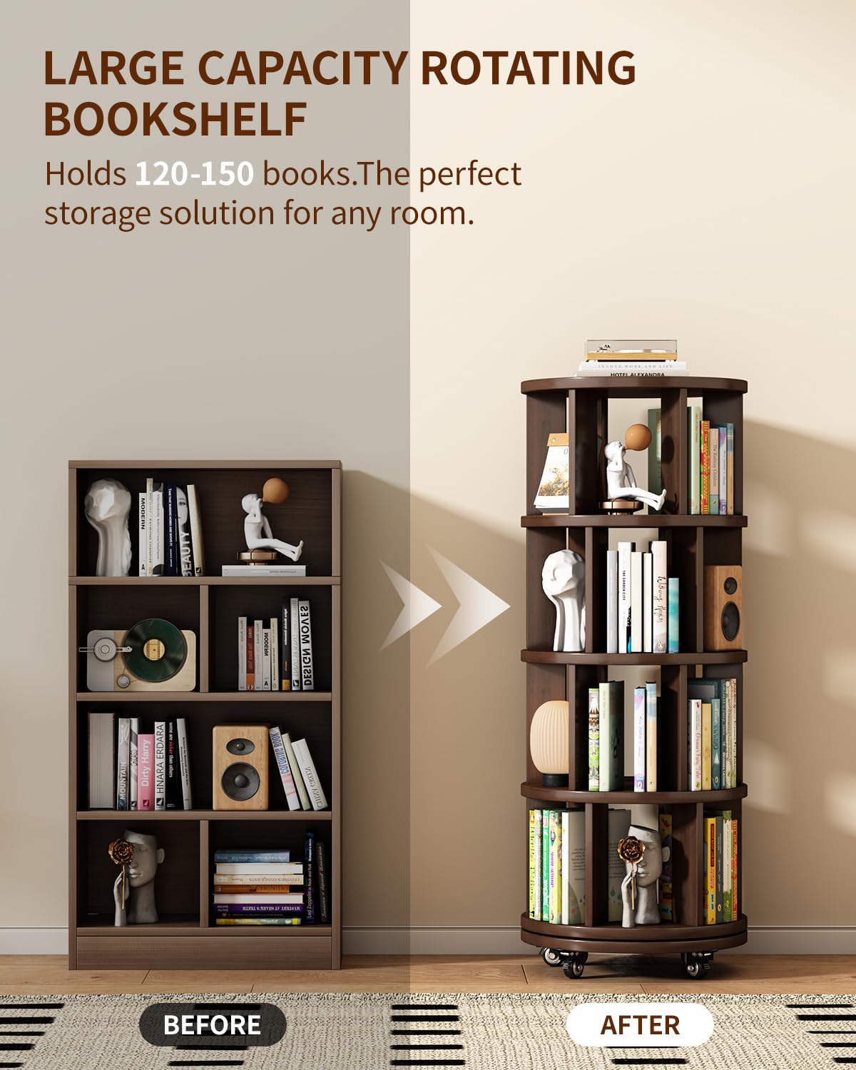 Saifu 4 Tier Wood Rotating Bookshelf on Wheels,Round Revolving Bookcase,360° Spinning Book Shelf Tower,Rolling Bookshelves for Small Space, Corner, Bedroom, Kids Room,Office, Walnut