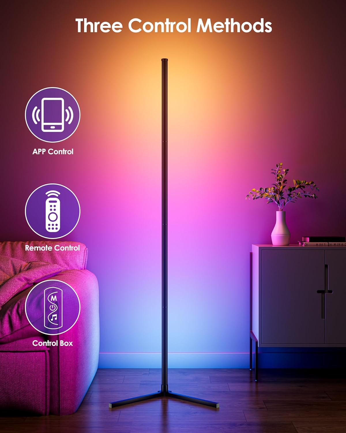 LED Corner Floor Lamp 2 Pack, 65" Tall Smart RGB Floor Lamp with APP and Remote Control, Ambient Lighting Color Changing Standing Lamps with Music Sync and Timing for Living Room, Bedroom, Gaming Room