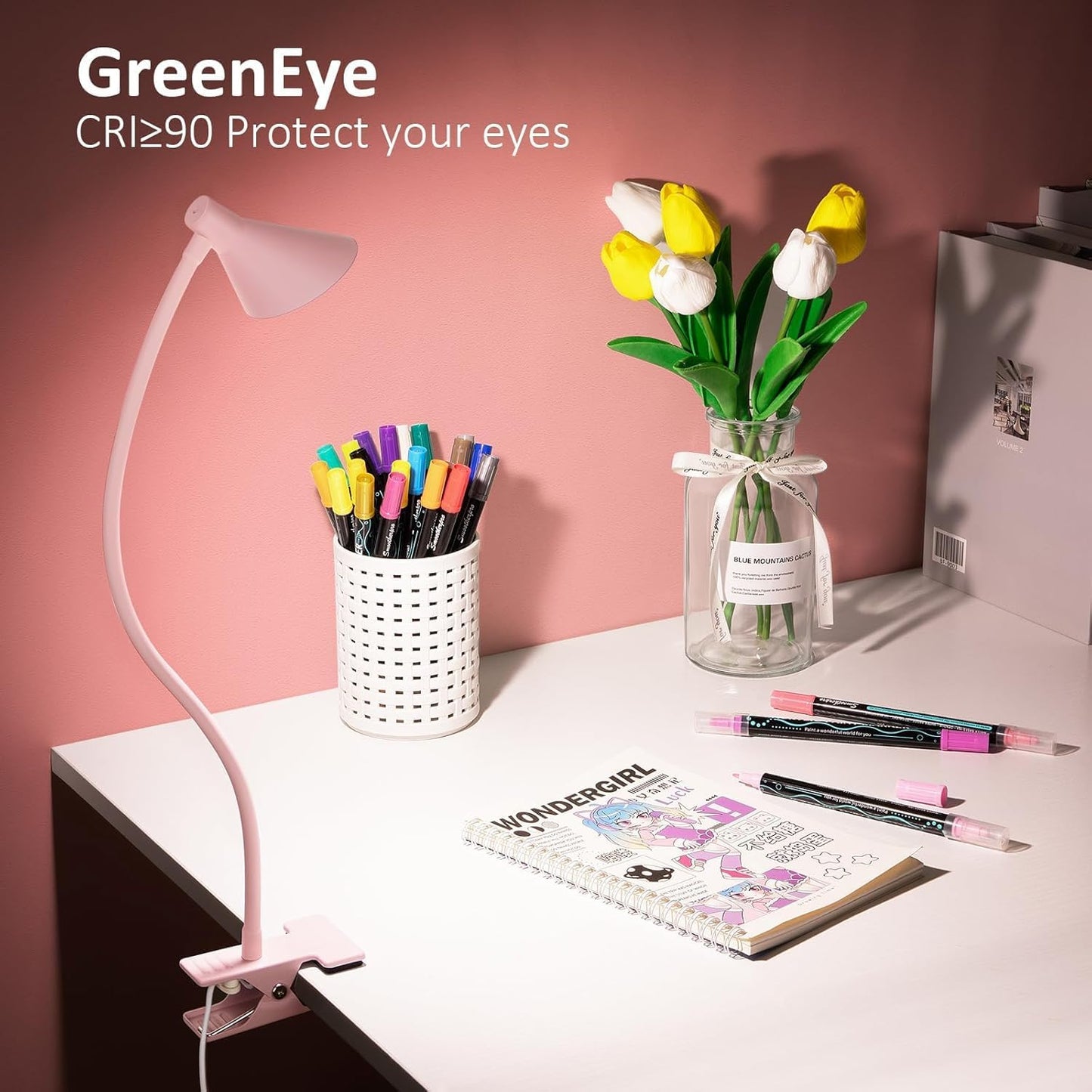 Clip on Light, Eye Care Reading Lights for Books in Bed 3 Color Modes & 10 Brightness Clip on Lamp Reading Book in Bed with Auto Timer, Reading Light for Bed Headboard Desk Bedside Dorm - Pink