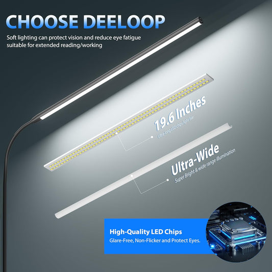 deeloop LED Clip-on Reading Light, 20" Ultra-Long Chips Bright Desk Lamp, 10%-100% Stepless Dimming & 3 Color Modes Office Lamp with 360 Head Rotation Memory Function Clamp Light