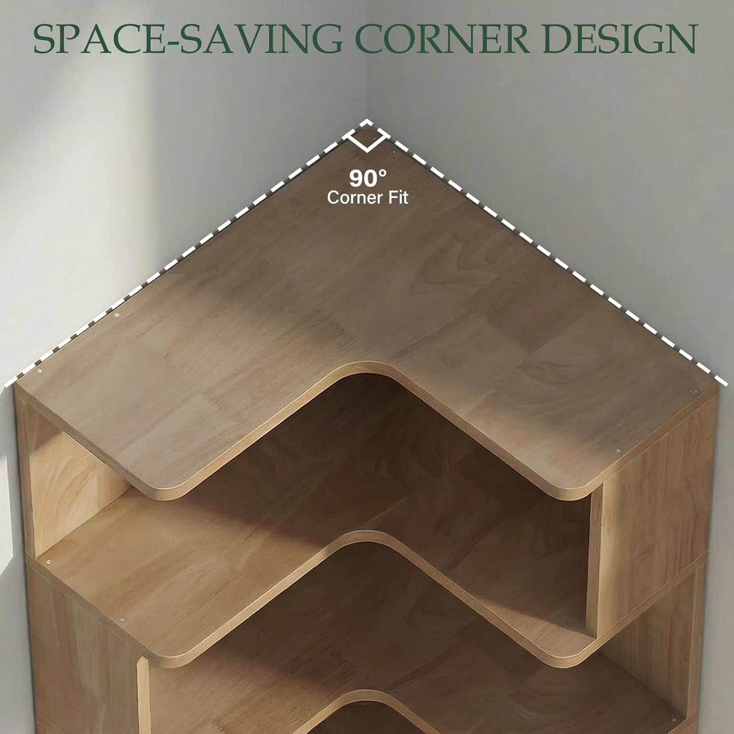 Wooden 5 Tier L-Shaped Corner Bookshelf - 65" Tall Solid Wood Corner Book Shelves for Space Saving, Bookcase Open Display Shelf with Baffle for Home Office, Living Room, Bedroom, Kitchen, Walnut