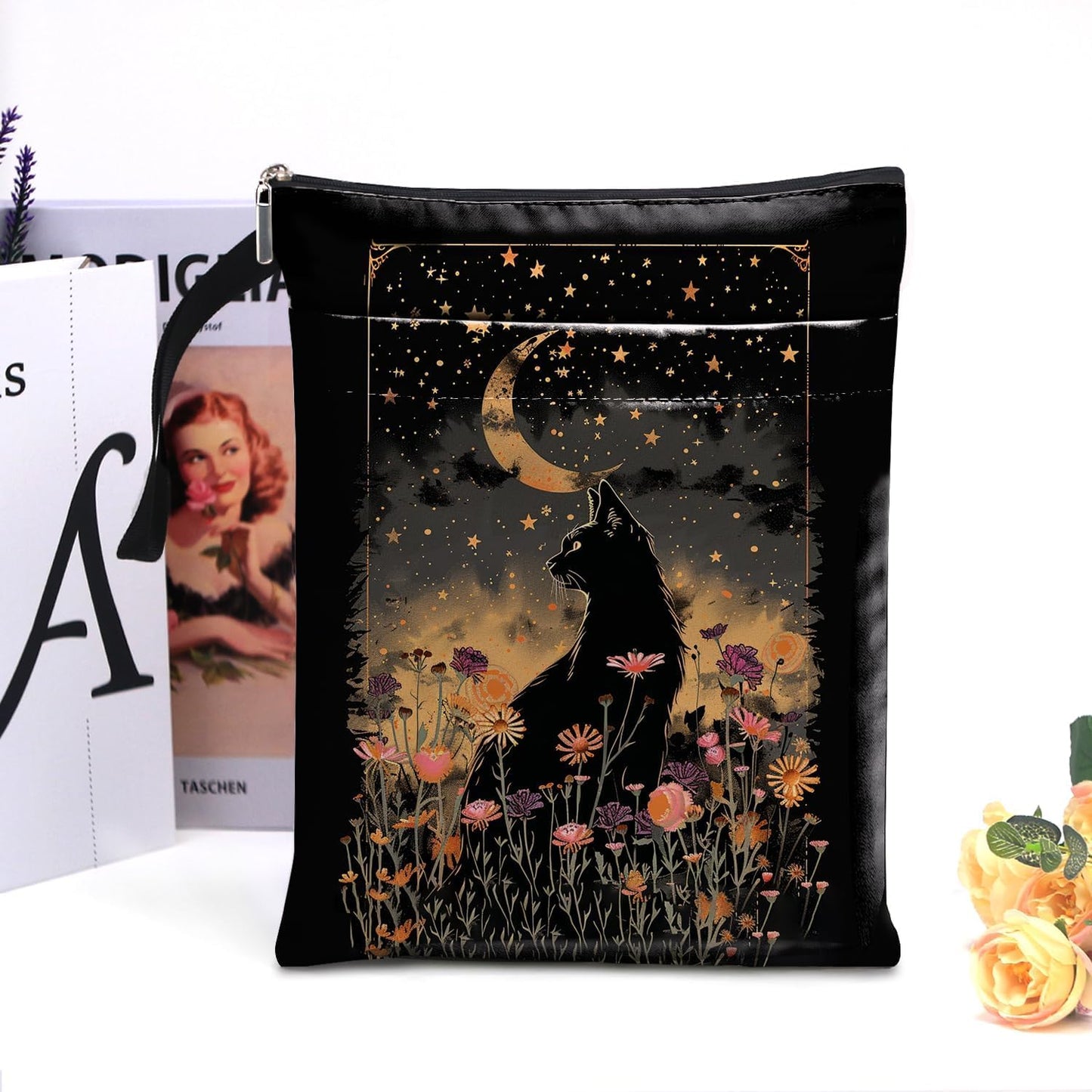 Cat Book Sleeve,Book Covers for Paperbacks,Book Sleeves with Zipper, Book Pouch Cat Lover Gifts for Women Teacher Daughter Graduation Birthday Gifts (Black Cat and Flower, Large)