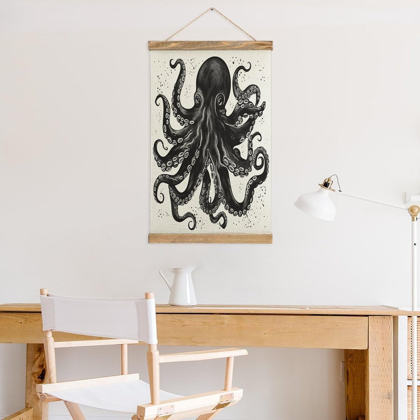 Vintage Classic Black Octopus Poster with Wooden Frame Personalized Linen Hanging Scroll Painting Rustic Wall Hanging Illustrative Modern Artwork Decor for Home Living Room Bedroom Office