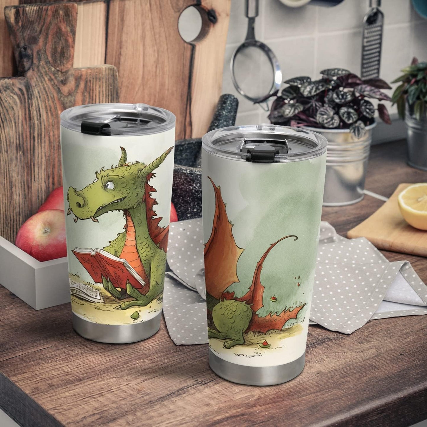 20oz Colorful Painting Book Dragon Tumbler, Librarian, Reading Gifts for Dragon Lovers, Coffee Tumbler for Women, Stainless Steel Double Wall Vacuum Insulated Coffee Mug, Travel Cup with Lid