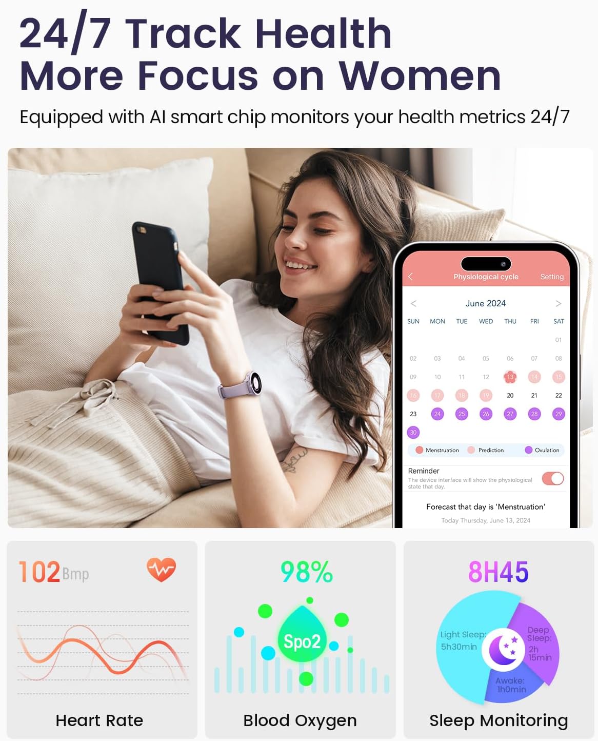 Smart Watches for Women for iPhone/Samsung/Android(Answer/Make Calls),1.27'' AMOLED Screen Activity Fitness Trackers with Heart Rate/Sleep/SpO2 Monitor,120+ Sport Modes IP68 Fitness Watch 2Band Purple