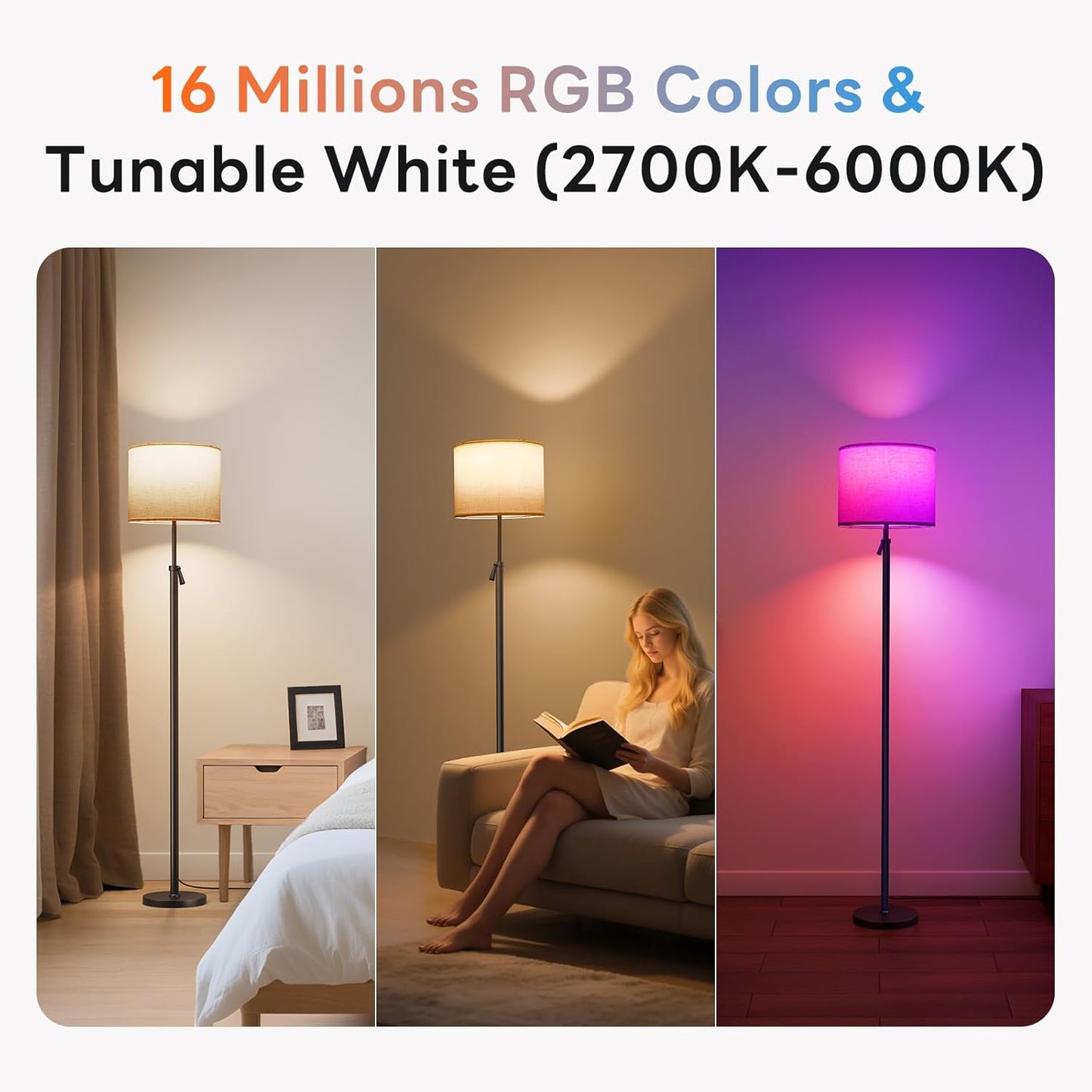 Smart Floor Lamp, Adjustable Height Standing Light with RGBCW Color Changing Bulb, Compatible with Alexa, Siri, Voice & App Control, Tall Lamp for Living Room, Bedroom, Office, Corner, Black