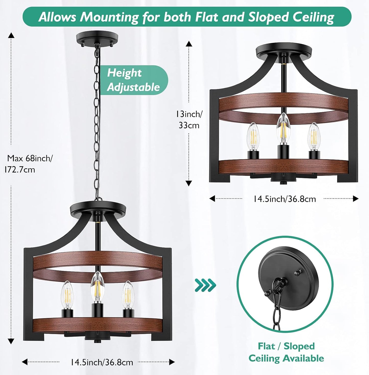3-Light Farmhouse Chandelier, 14.5” Pendant Hanging Lighting Adjustable Height, Convertible Vintage Semi Flush Mount Ceiling Light Fixture, Rustic Chandeliers for Dining Room Foyer Entryway Kitchen