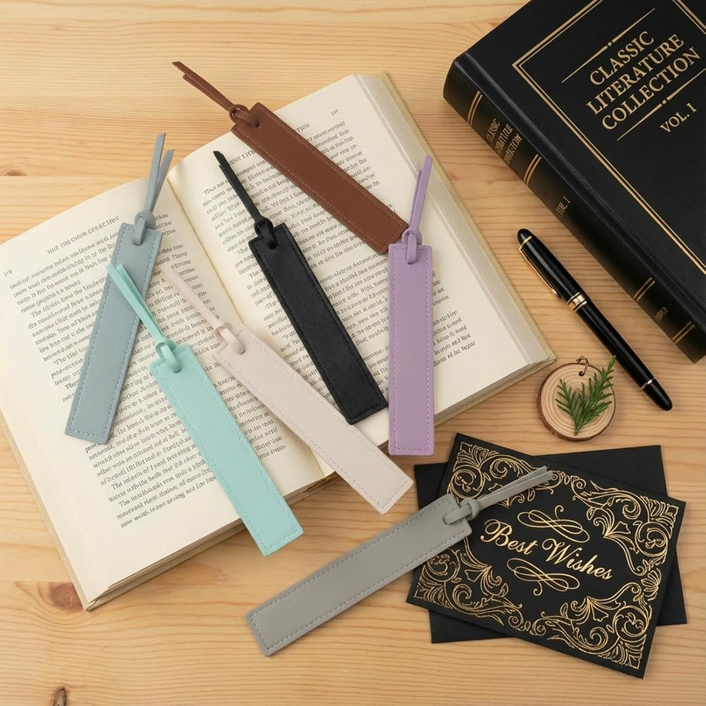 8Pcs Leather Bookmark, Classic Stitched Book Mark with Tassel, Thin Handmade Bookmarks for Reading Men Women School Students, Gifts for Book Lovers, Readers, Light Color Fresh Style