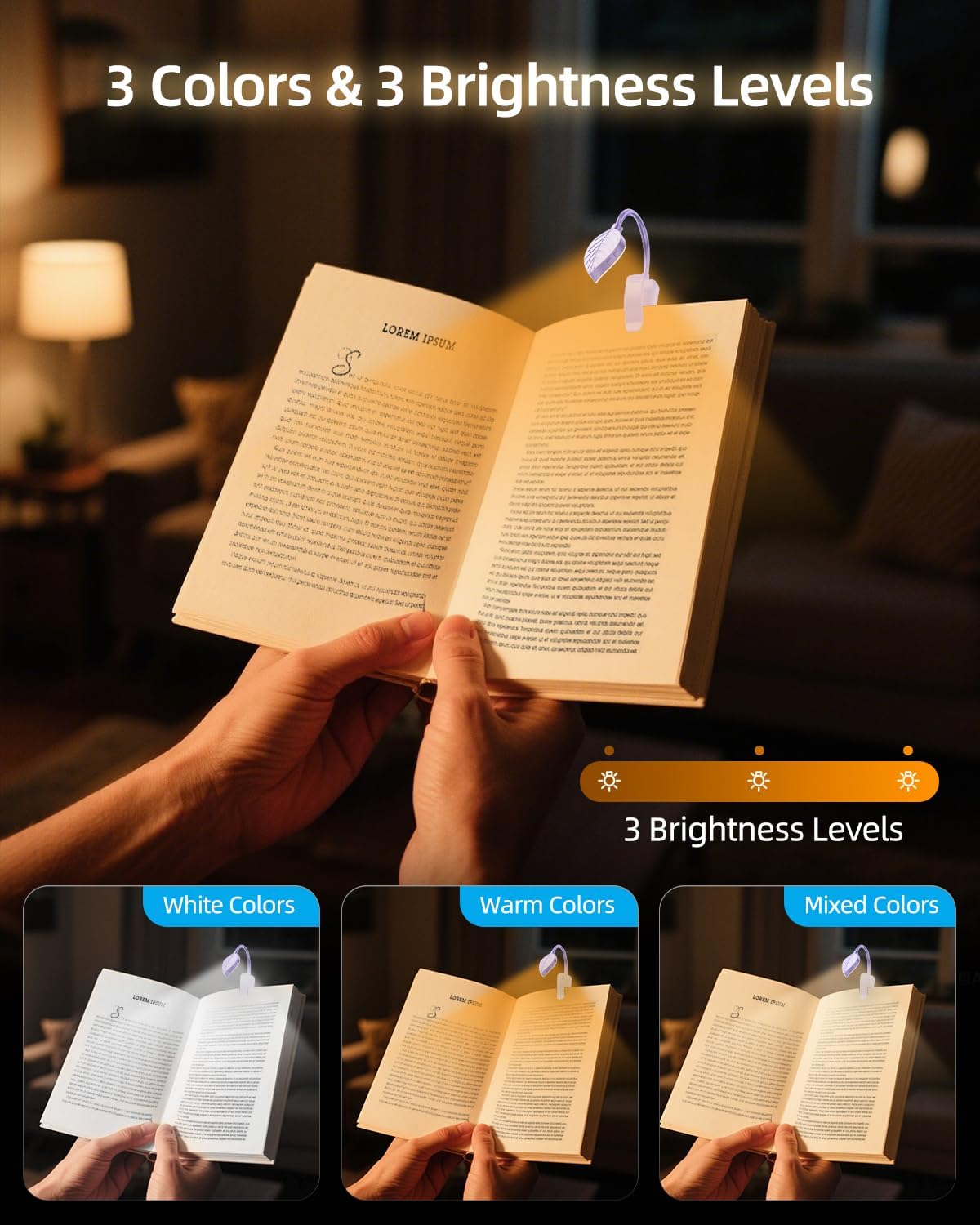 Rechargeable Book Lights for Reading at Night - Eye,3 Color Temperatures,3 Brightness Levels,Flexible Goose Neck Clip on Light,Reading Lights for Books in Bed with Power Indicator Bookworms (Purple)