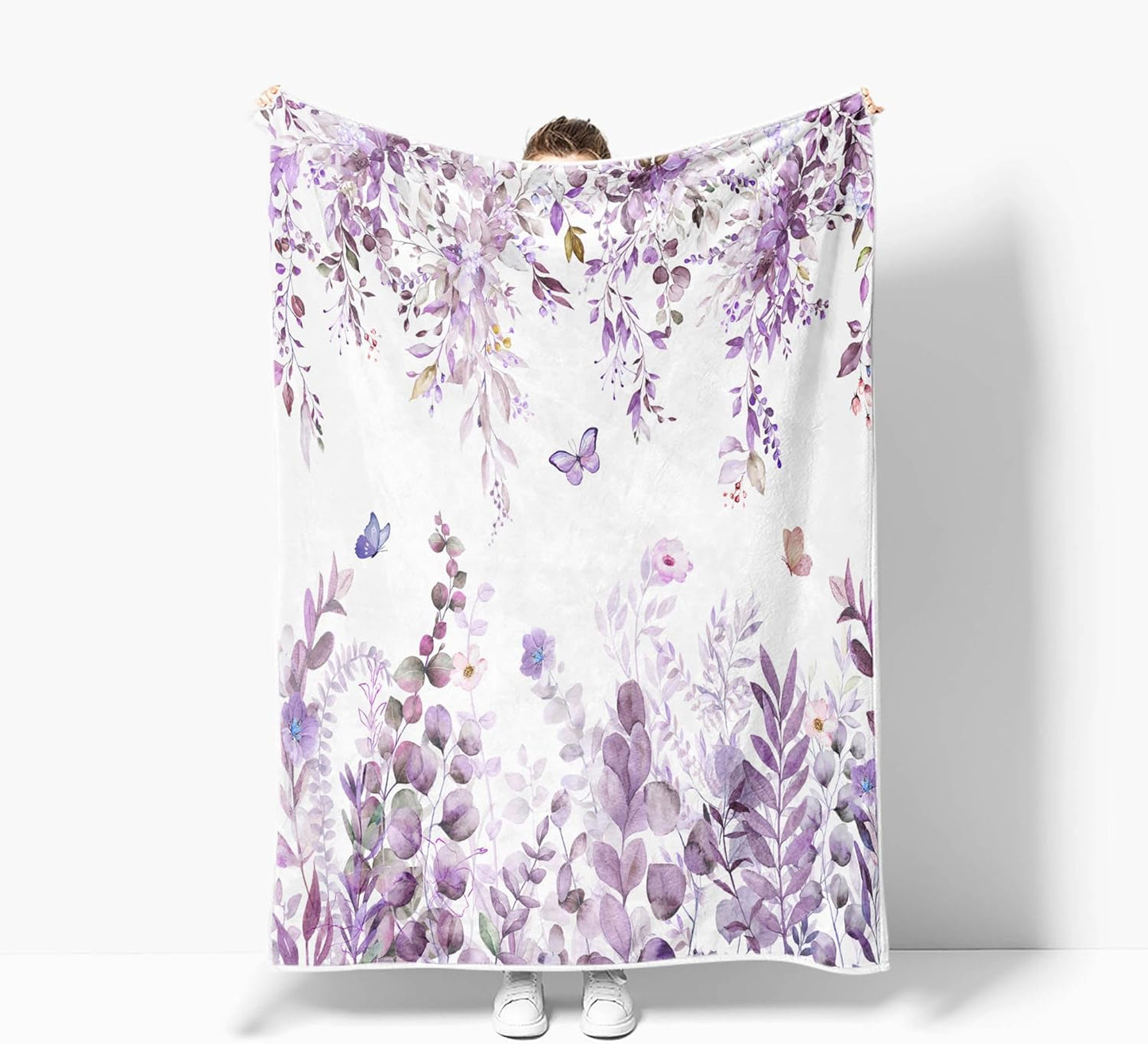JAWO Purple Throw Blanket, Floral Fleece Blankets, Watercolor Floral Flower Butterfly Travel Bedding Decor, Lightweight and Warm Blanket for Bedroom for Women Girls, 50X60