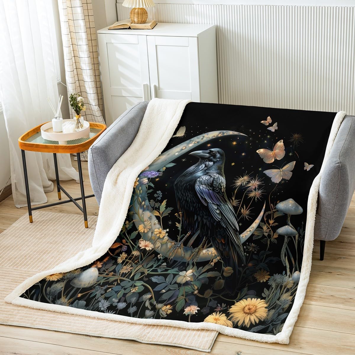 Black Crow Throw Blanket,Moon Daisy Flower and Butterfly Bed Blankets,Kids Boys Teens Room Decor,Halloween Theme Animals Plants Fleece Blanket Boho Trippy Fuzzy Blanket,for Chair/Sofa,40"×50"