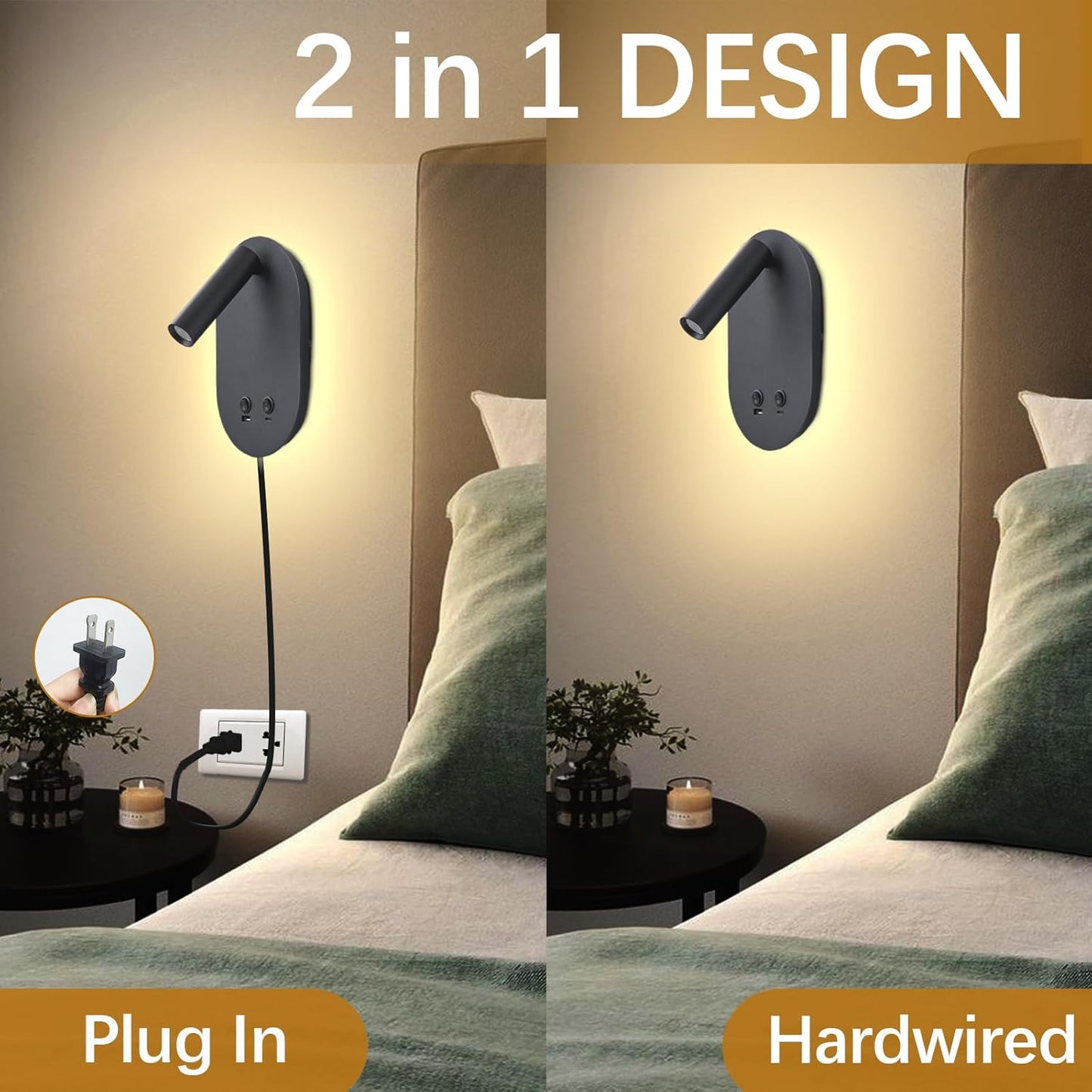 LED Wall Lamp Wall Mounted Reading Lights, Plug in Wall Sconces Set of 2, Multifunctional Wall Light with USB Type C Ports, Adjustable Headboard Spotlight 3W Book Light and 9W Night Light (Black)