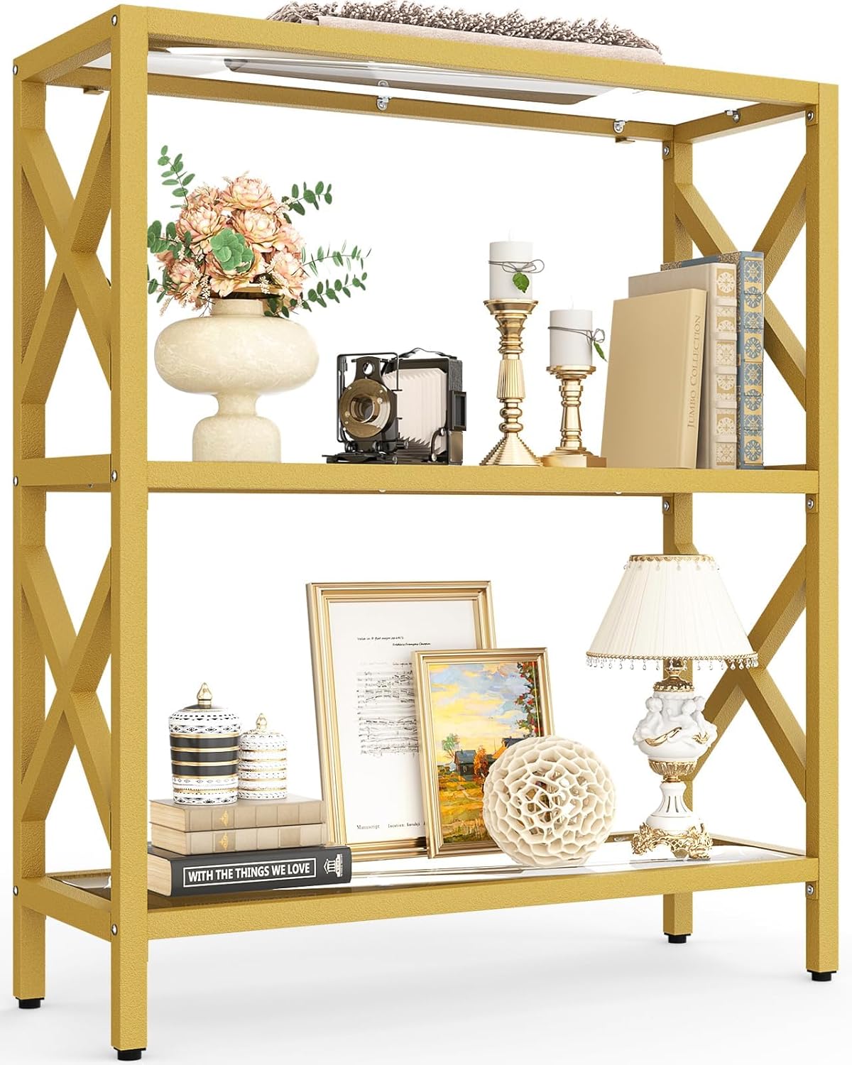 Homieasy 3 Tier Gold Bookshelf with LED Lights, Tempered Glass Display Shelf with Metal Frame, Modern Bookcase with X-Side Guards, Luxury Storage for Living Room, Bedroom & Office