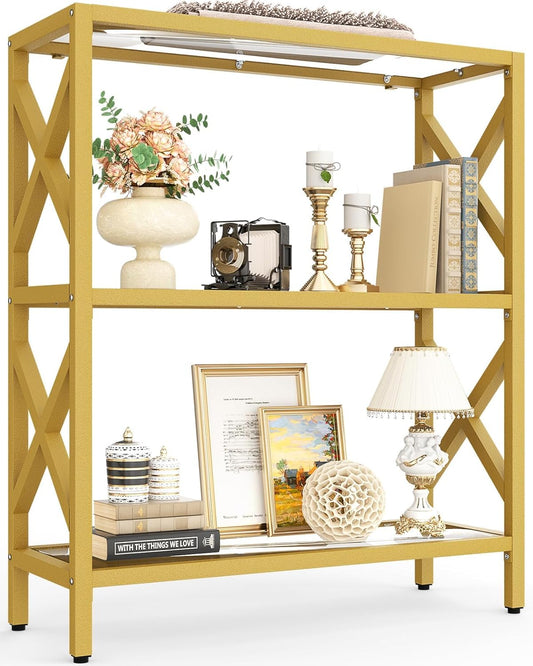 Homieasy 3 Tier Gold Bookshelf with LED Lights, Tempered Glass Display Shelf with Metal Frame, Modern Bookcase with X-Side Guards, Luxury Storage for Living Room, Bedroom & Office