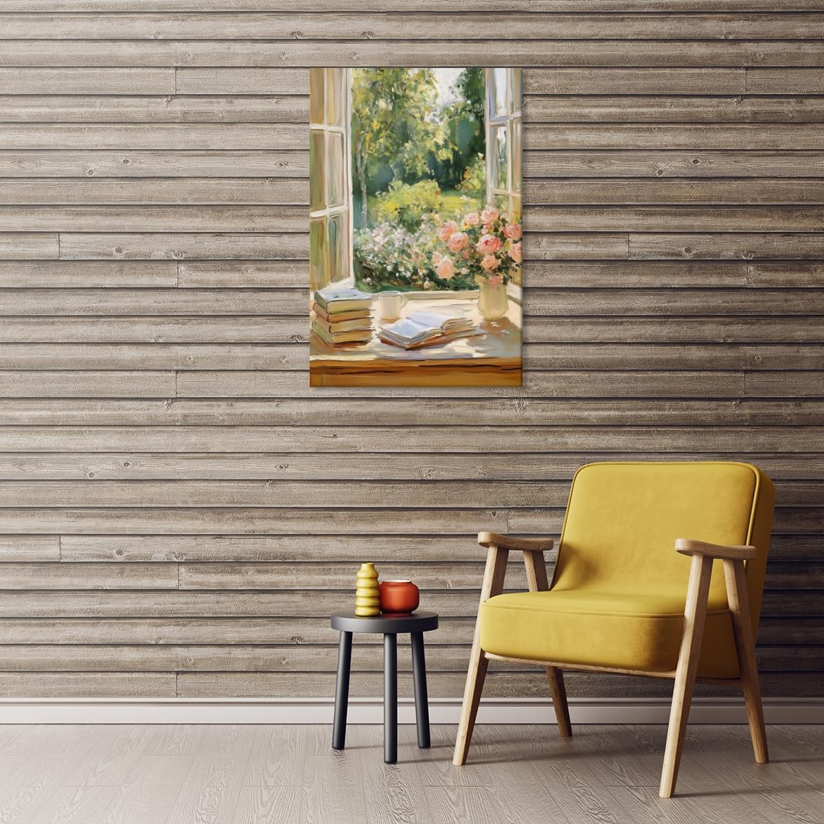 Cozy Vintage Window Roses Garden View Books Coffee Canvas Artwork For Walls Wall Art Aesthetic Poster Spring Wall Art For Living Room Bedroom Office Cottage Print Posters 8x12inch Unframed